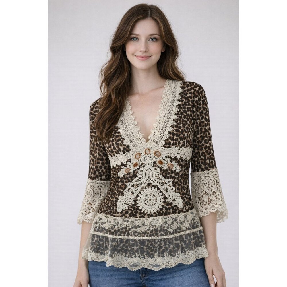 Vintage Passion Concept Leopard Lace Boho Tunic Top Womens Sz M Y2K